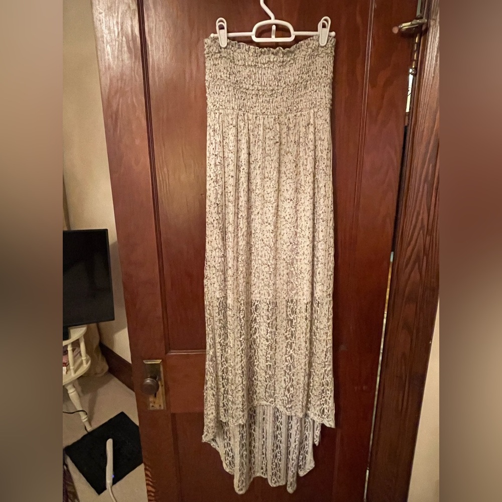 NWT American Rag Strapless Cream Brown Boho Floral Lace High Low Maxi Dress M